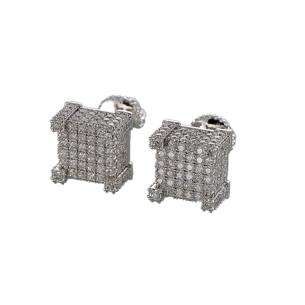 Hip Hop Earrings Silver Iced Out CZ Square Stud Earring With Screw Back Jewelry