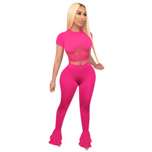 Load image into Gallery viewer, Designer  2 Piece Set Sexy Sheer Mesh Patchwork Short Sleeve Crop Top Flare Pants Bodysuits Tracksuit
