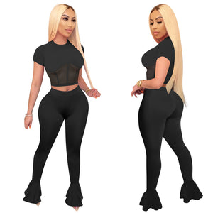 Designer  2 Piece Set Sexy Sheer Mesh Patchwork Short Sleeve Crop Top Flare Pants Bodysuits Tracksuit