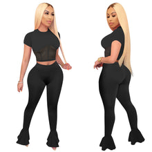 Load image into Gallery viewer, Designer  2 Piece Set Sexy Sheer Mesh Patchwork Short Sleeve Crop Top Flare Pants Bodysuits Tracksuit
